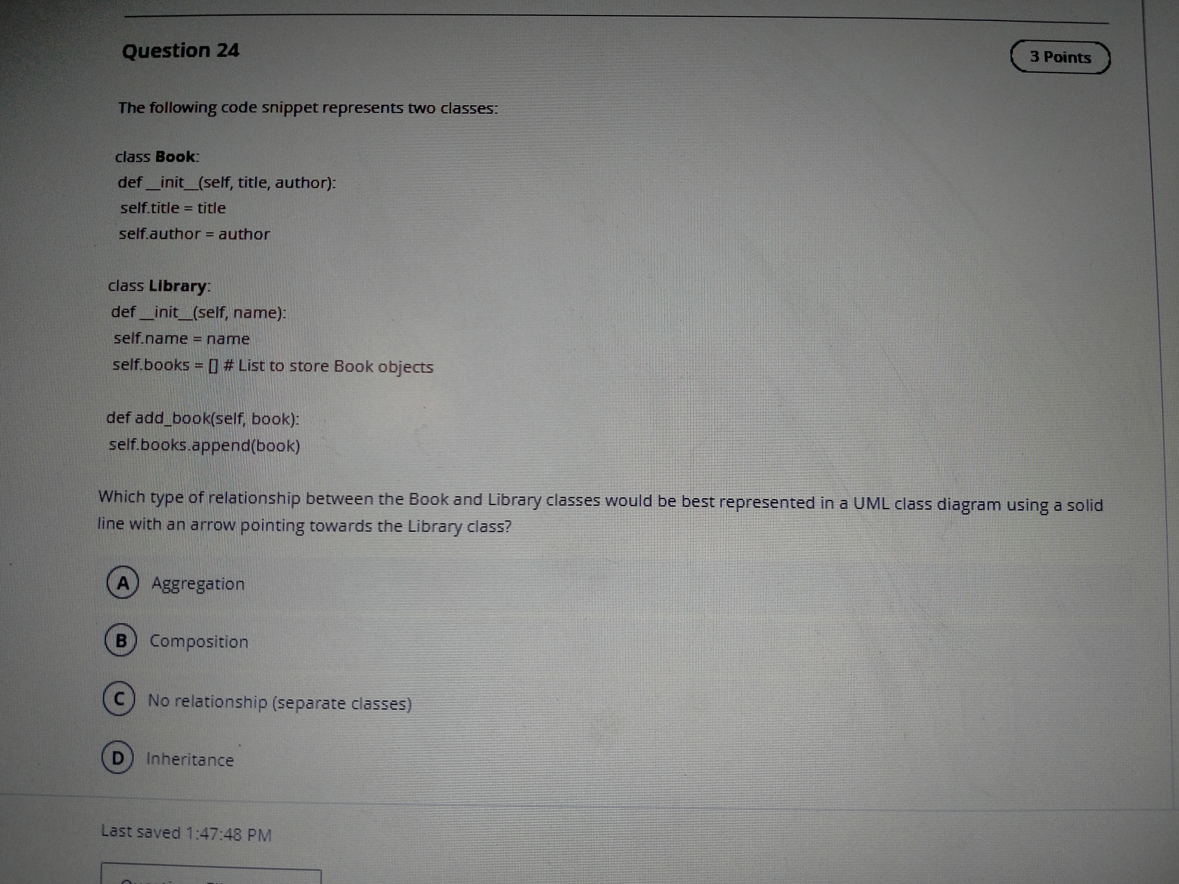 the following code snippet represents two classes