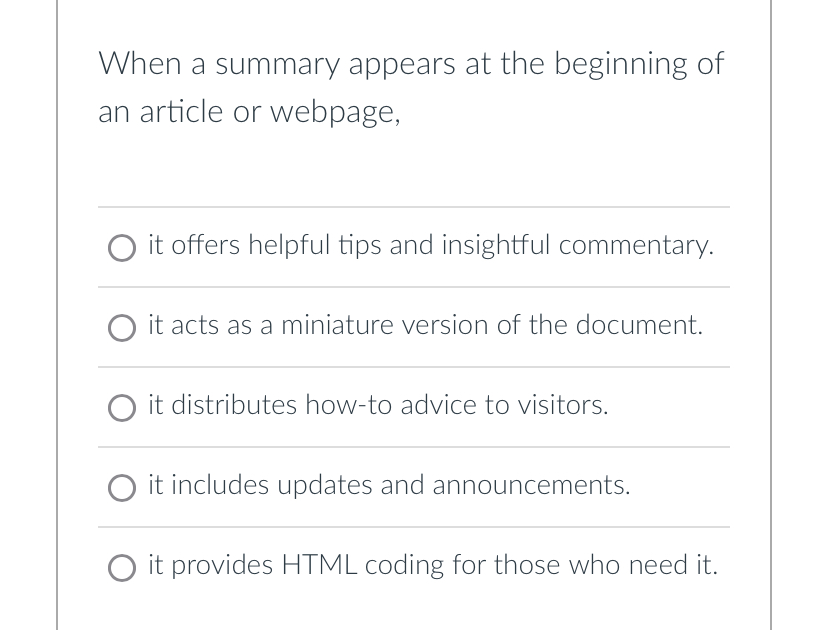 When a summary appears at the beginning of an
