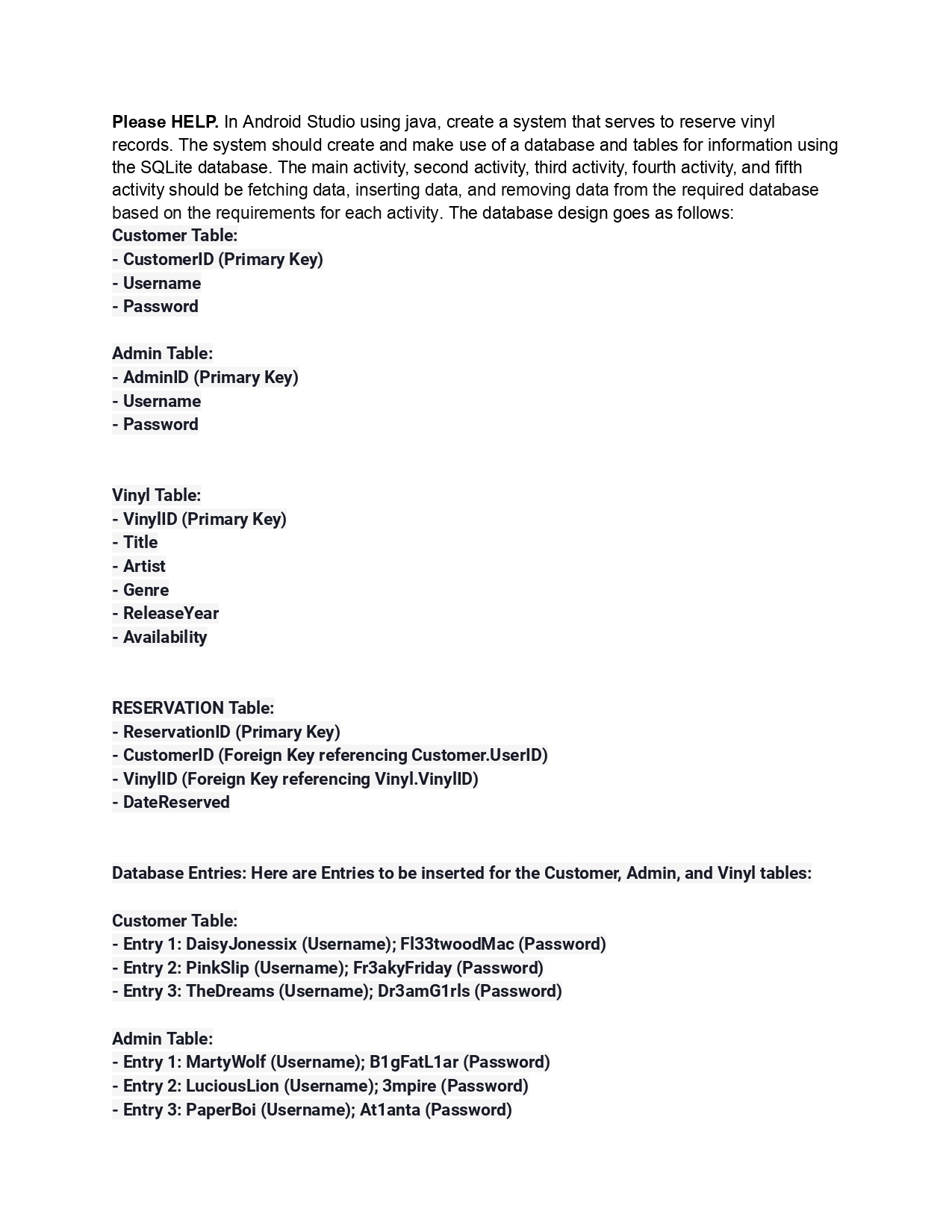 Please HELP. In Android Studio using java, create