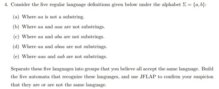 Consider the five regular language definitions