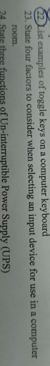 List examples of toggle keys on a computer
