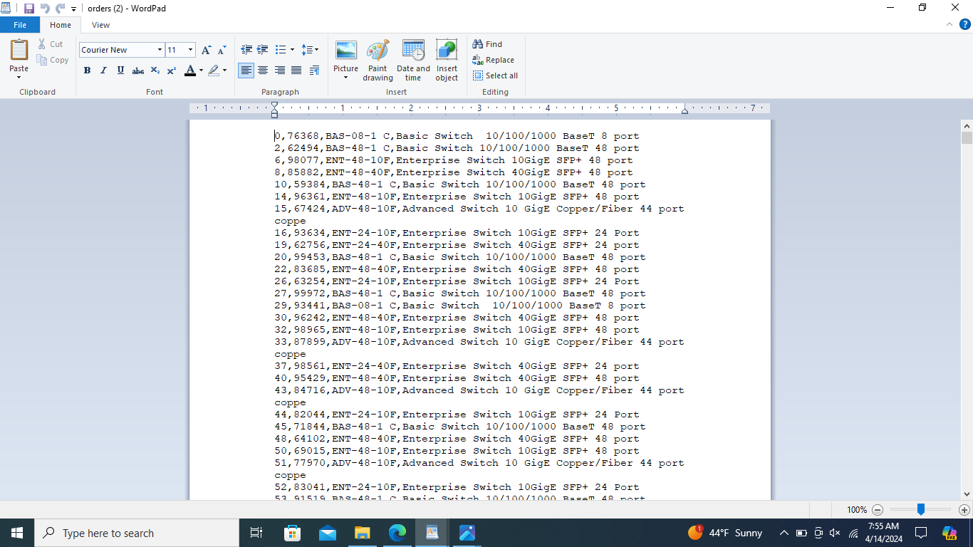 A table named Orders to store order information