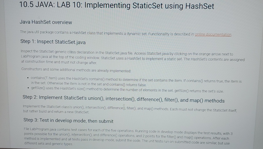 1 0 . 5 JAVA: LAB 1 0 : Implementing StaticSet