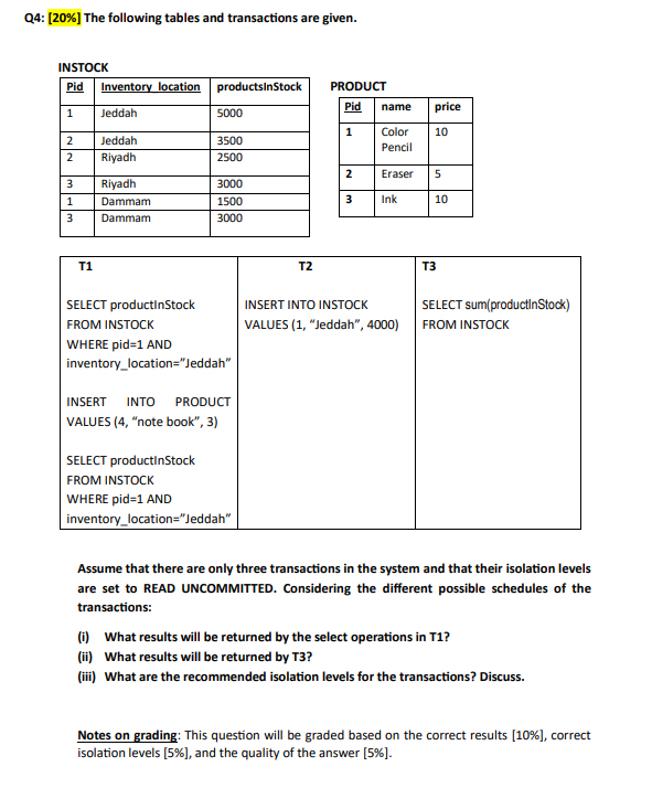 Q 4 : [ 2 0 % ] The following tables and