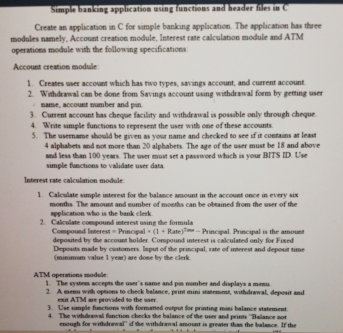 Simple banking application using functions and