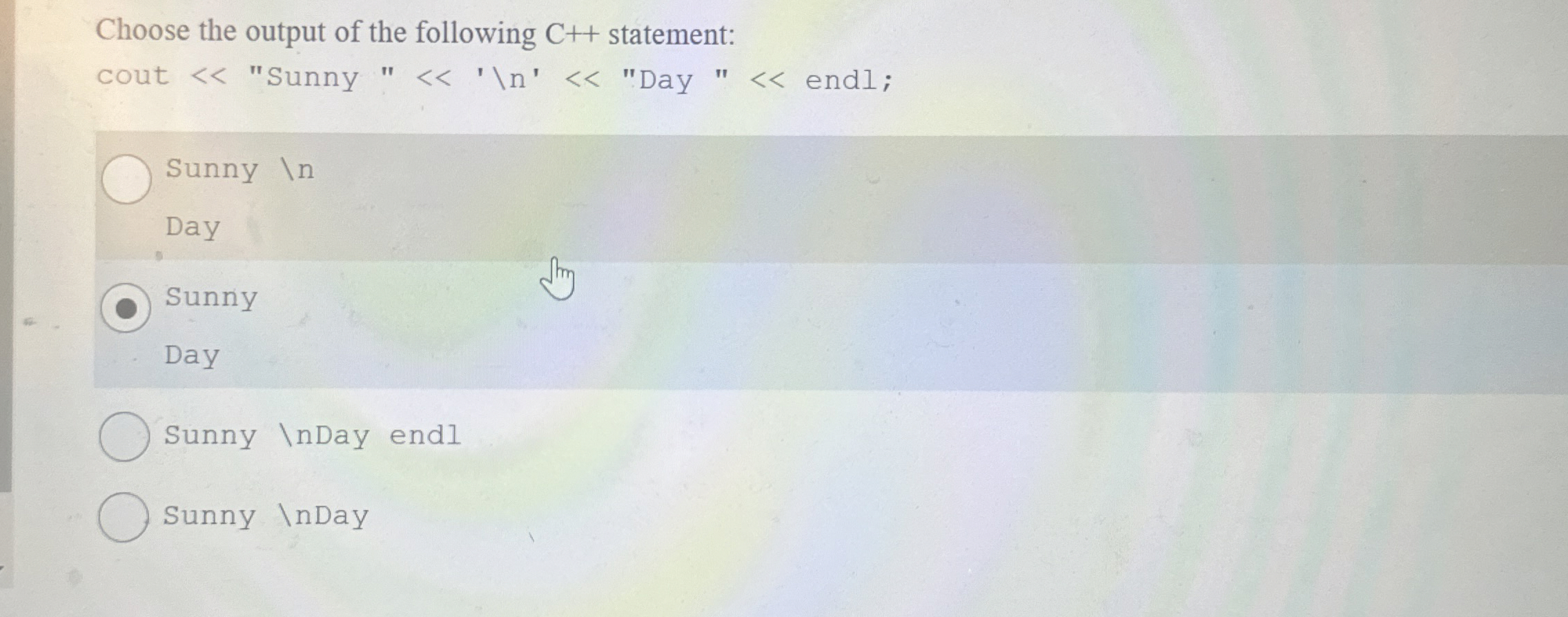 Choose the output of the following C + +