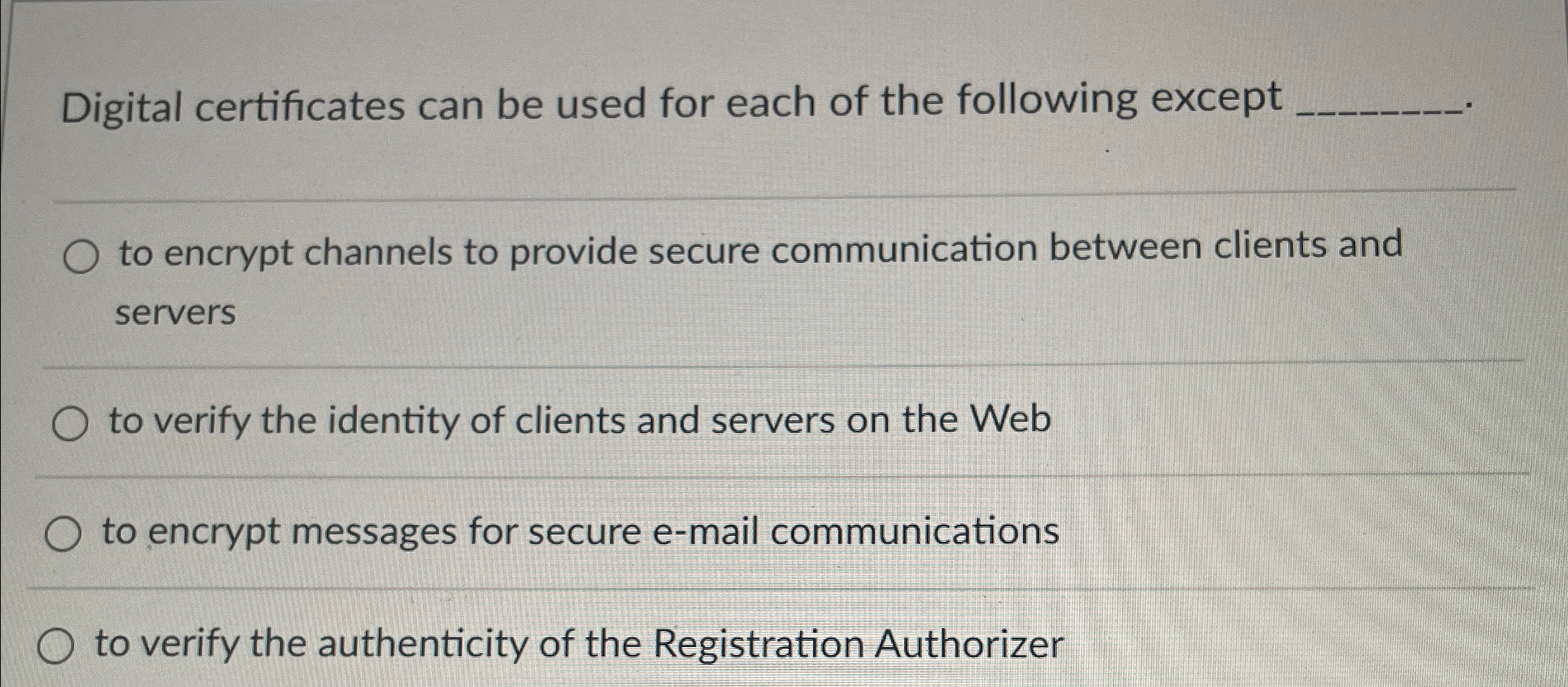 Digital certificates can be used for each of the