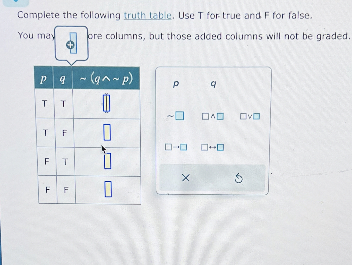 Complete the following truth table. Use T for