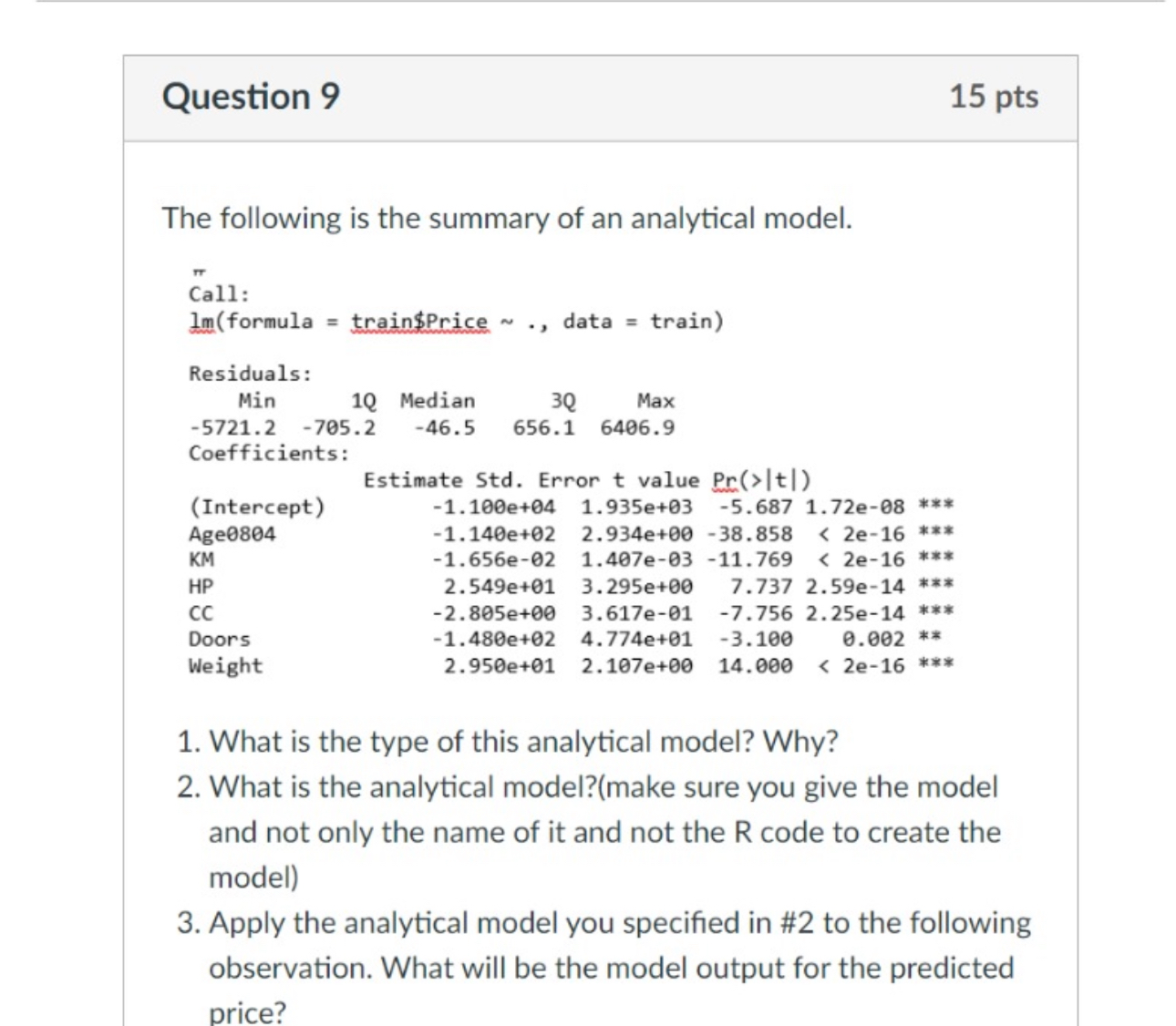 Question 9 1 5 pts The following is the summary