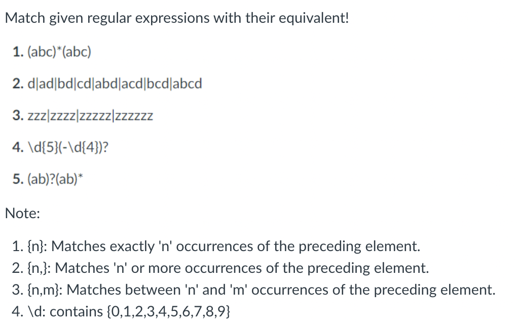 Match given regular expressions with their