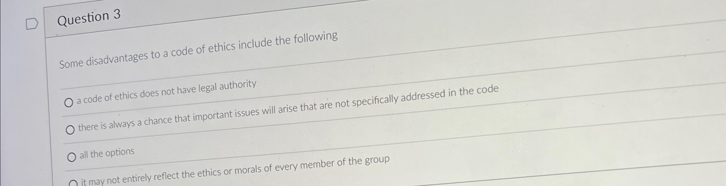 Question 3 Some disadvantages to a code of ethics