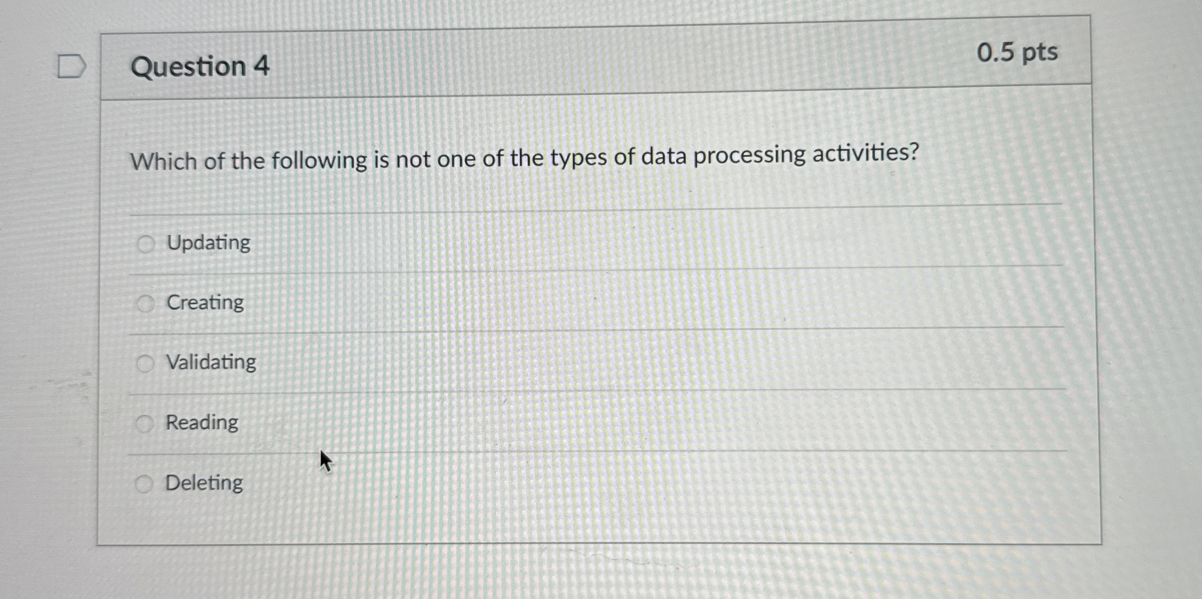 Question 4 0 . 5 pts Which of the following is