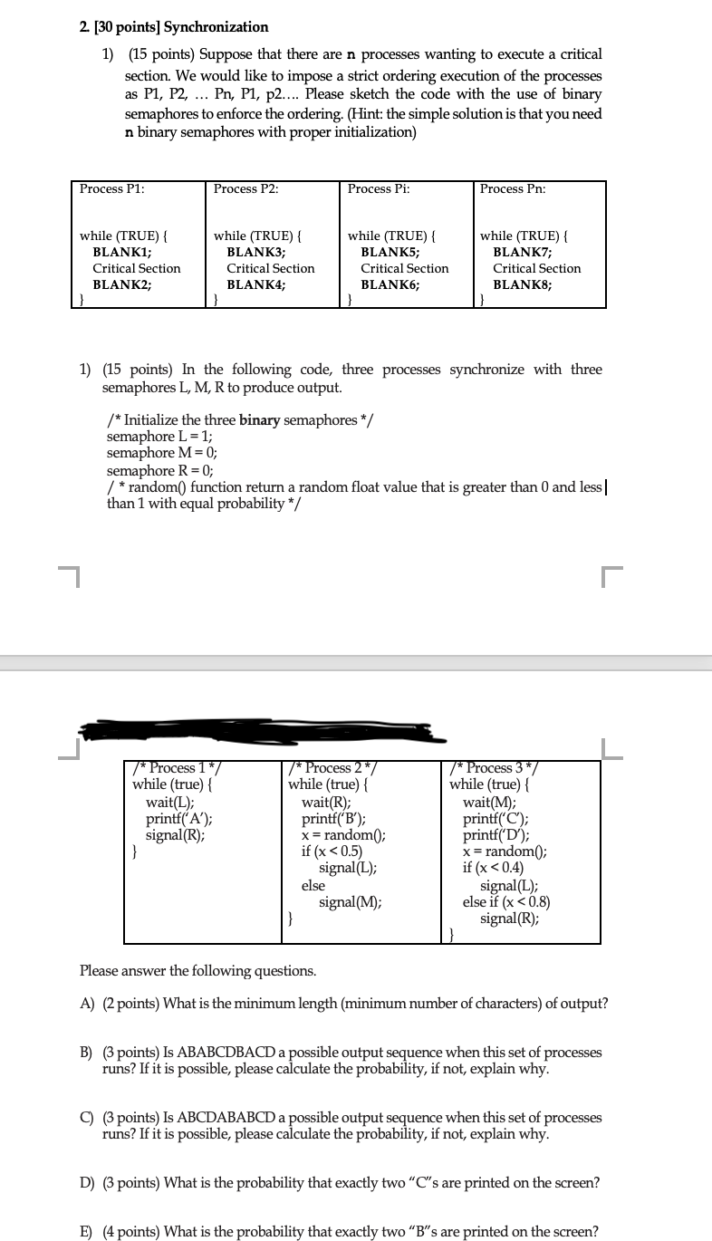 2 . [ 3 0 points ] Synchronization 1 ) ( 1 5