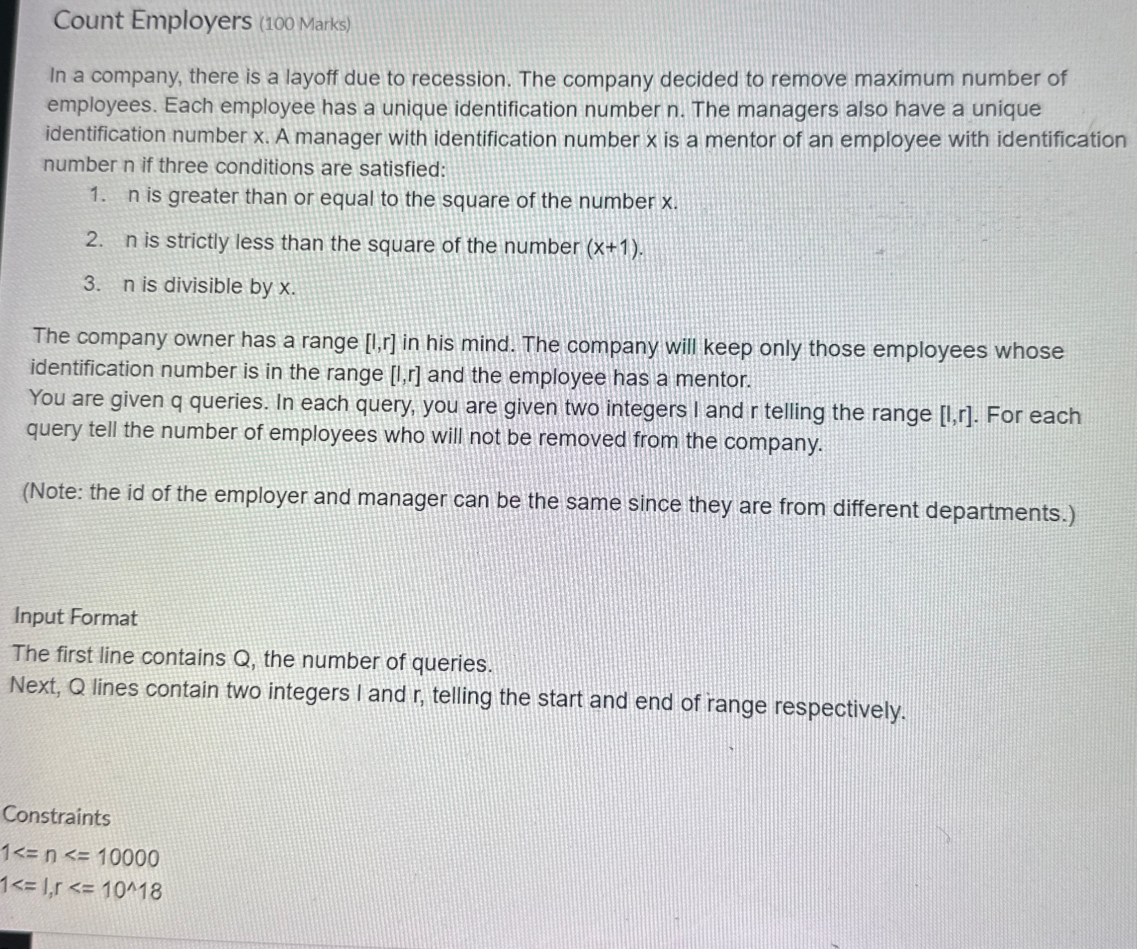 Count Employers ( 1 0 0 Marks ) In a company,
