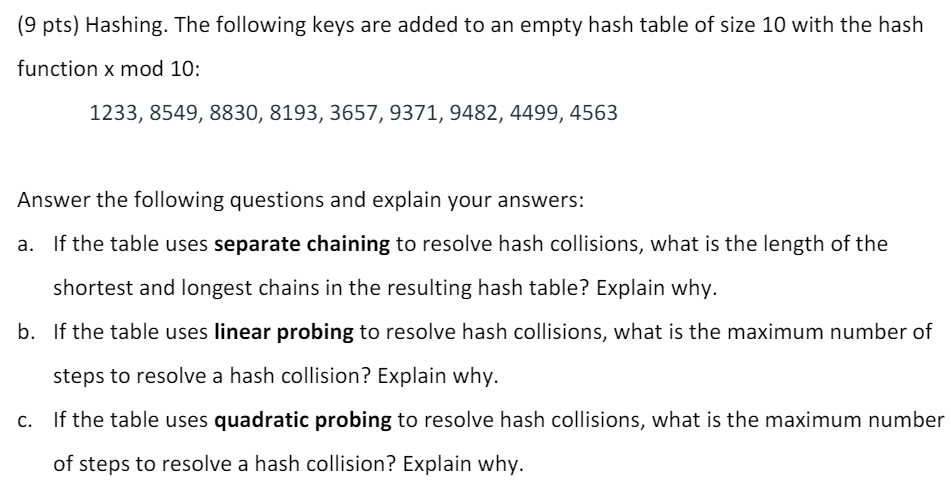 ( 9 pts ) Hashing. The following keys are added