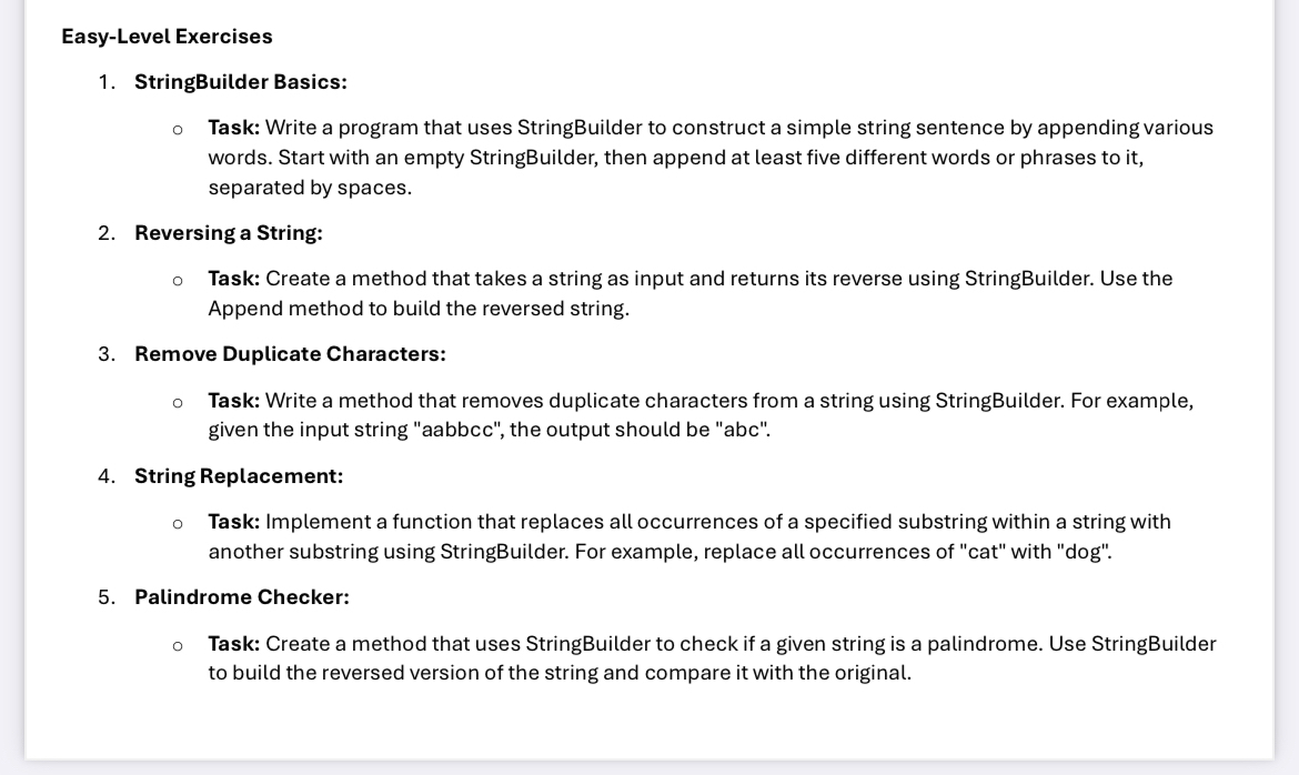 Easy - Level Exercises StringBuilder Basics: