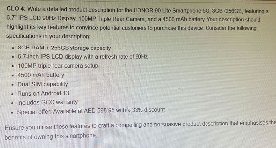 CLO 4 : Write a detailed product description for