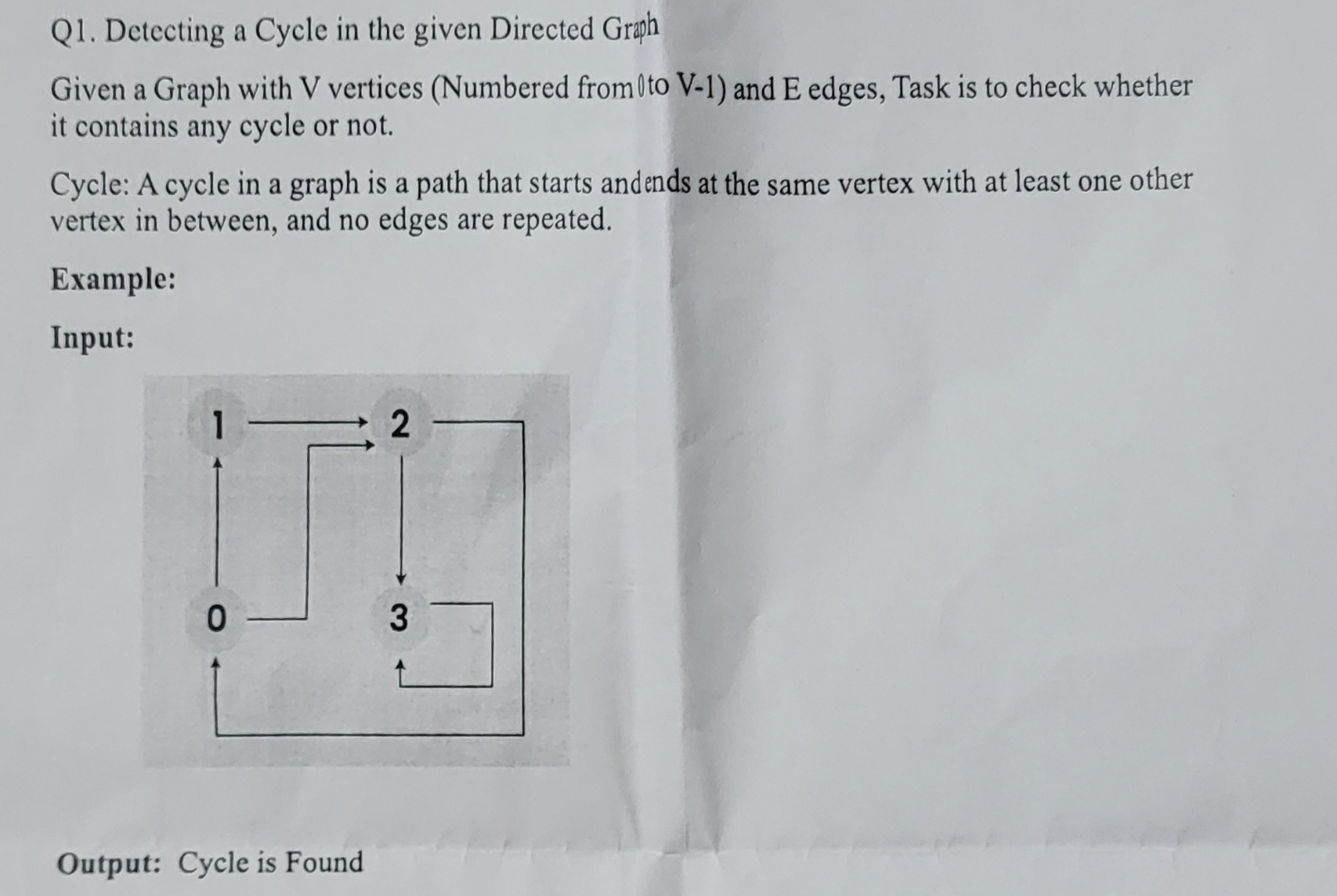 Q 1 . Detecting a Cycle in the given Directed