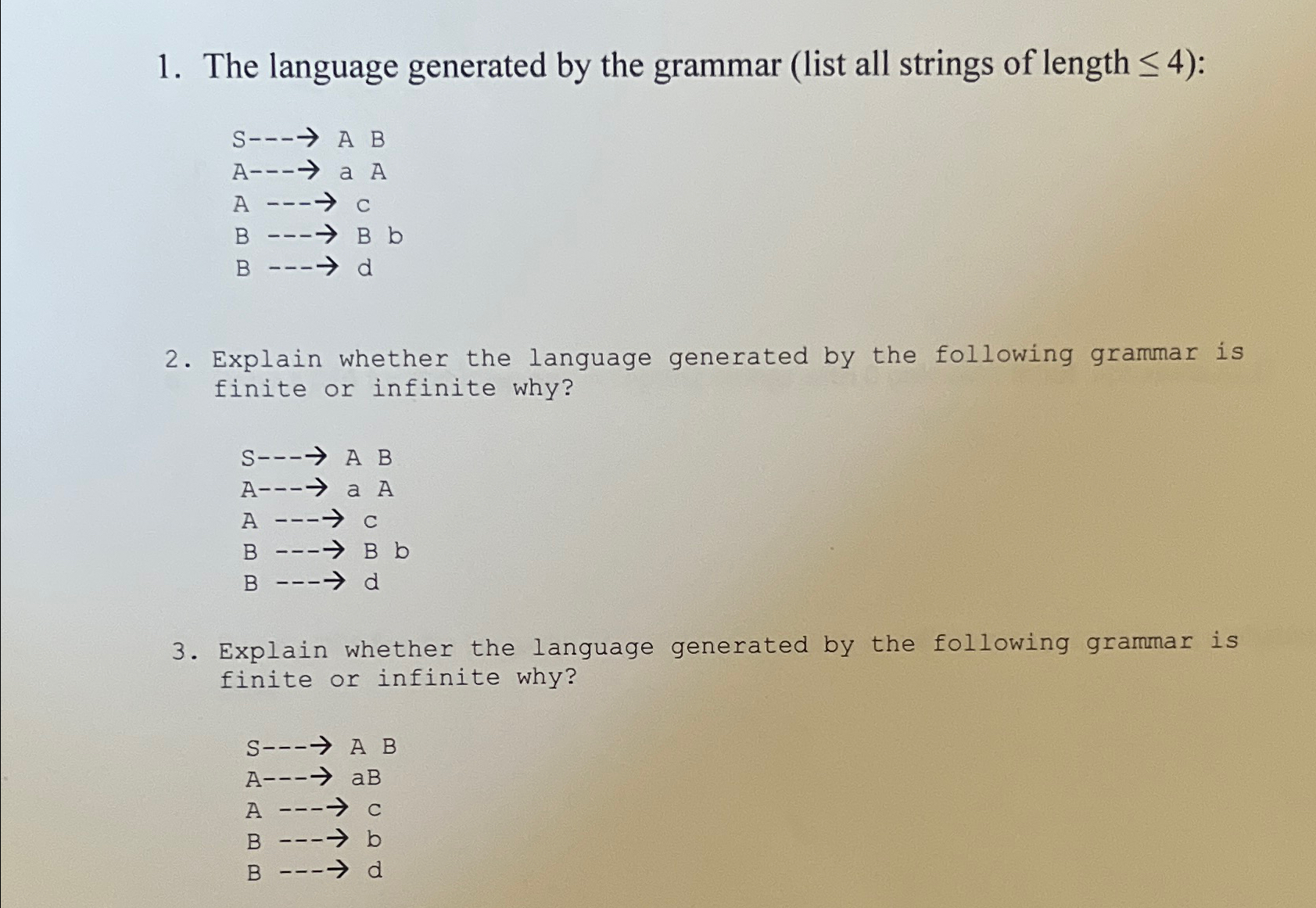 The language generated by the grammar ( list all