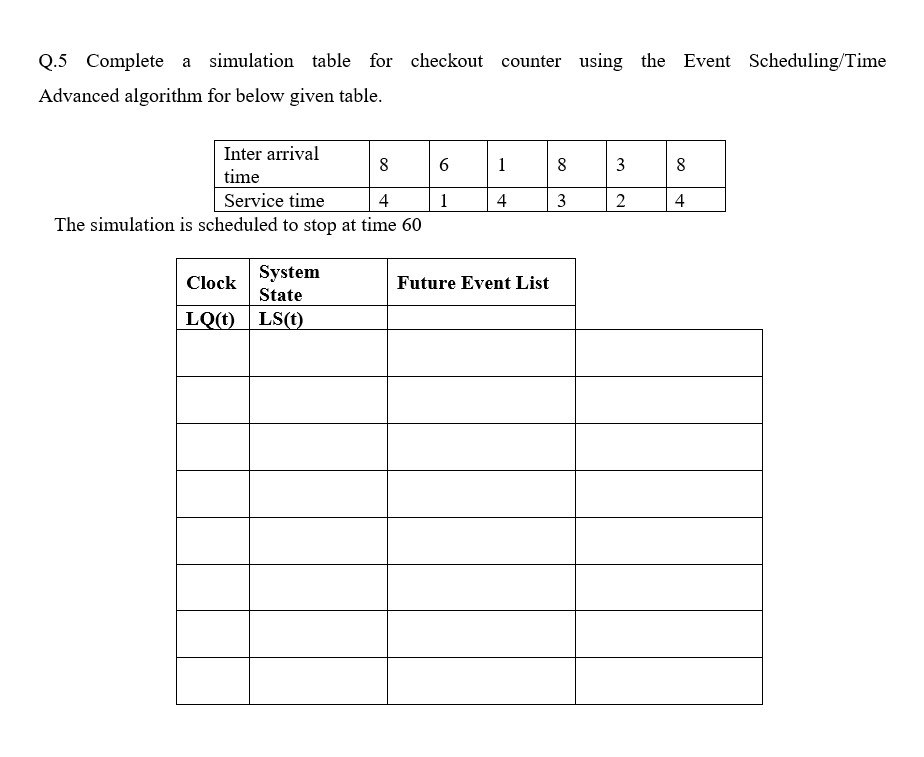 Q . 5 Complete a simulation table for checkout