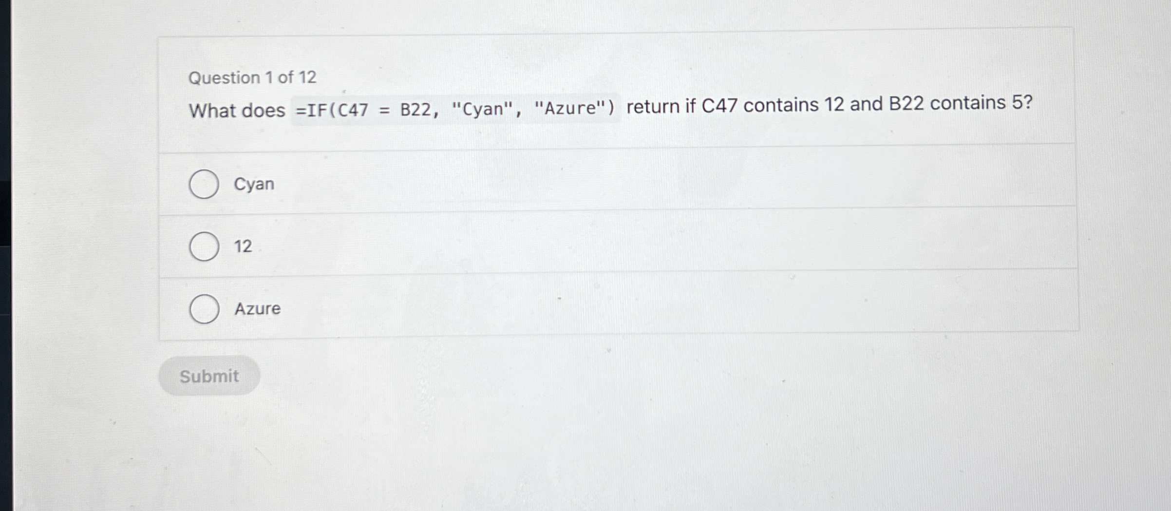 Question 1 of 1 2 What does B 2 2 , "Cyan",