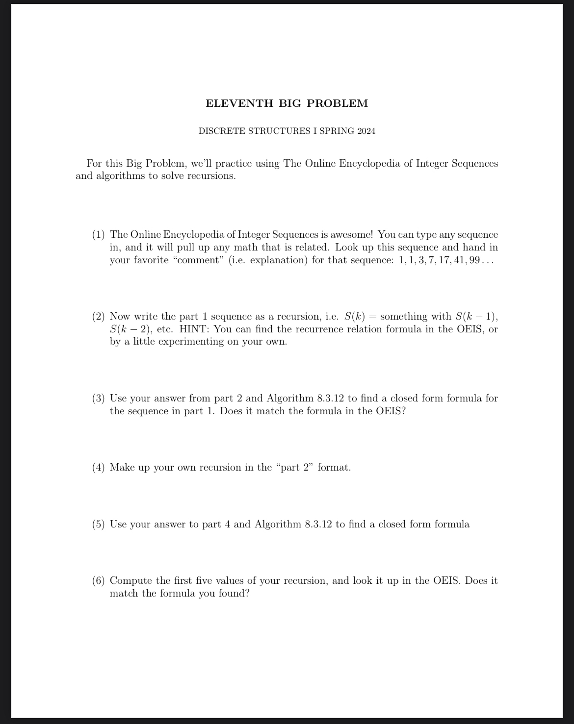 ELEVENTH BIG PROBLEM DISCRETE STRUCTURES I SPRING