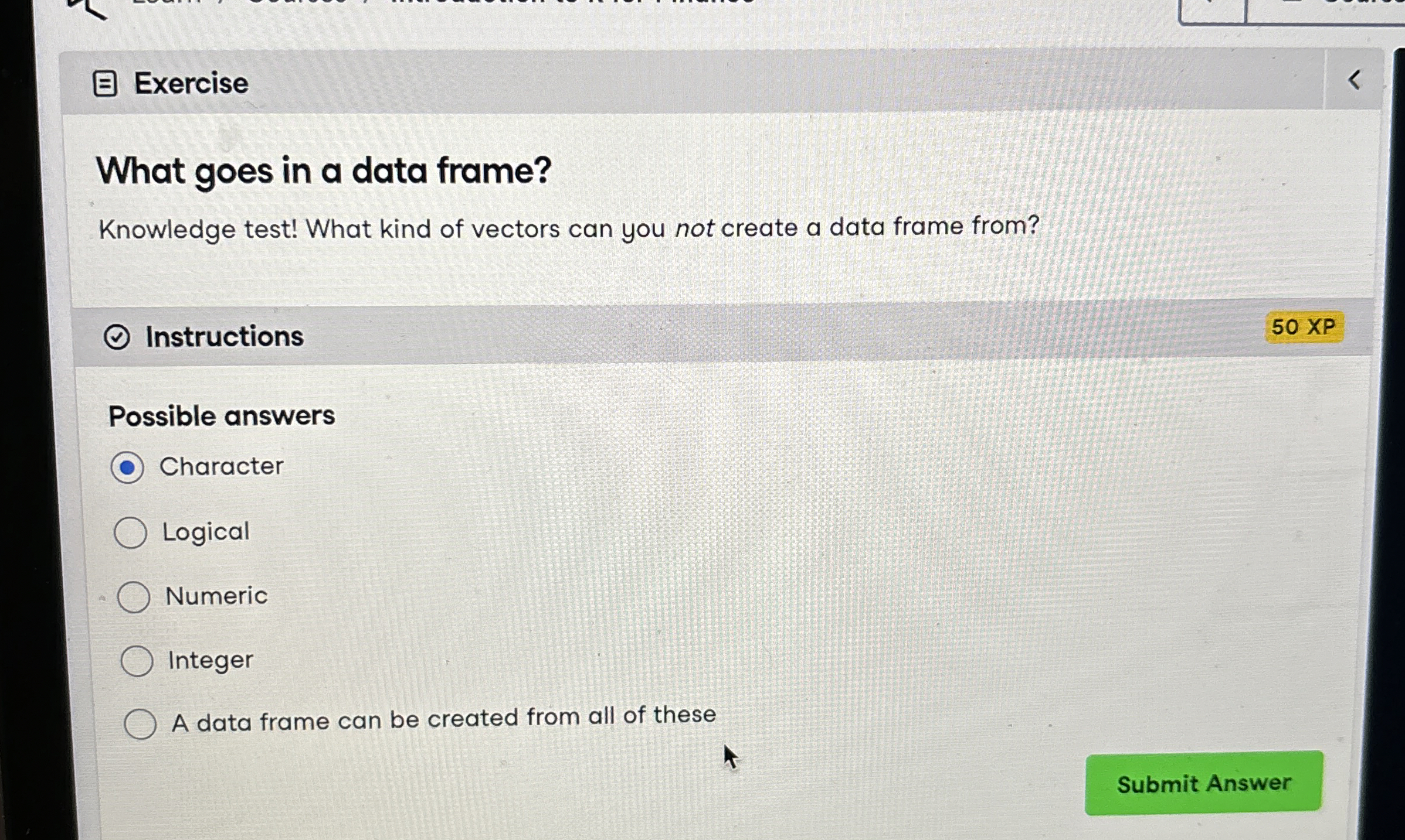 Light Mode Exercise What goes in a data frame?