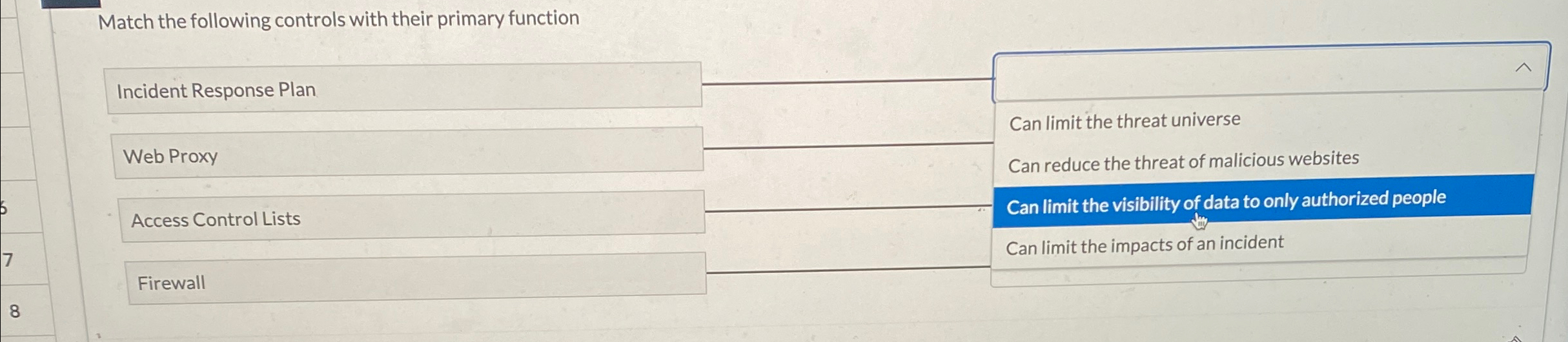 Match the following controls with their primary