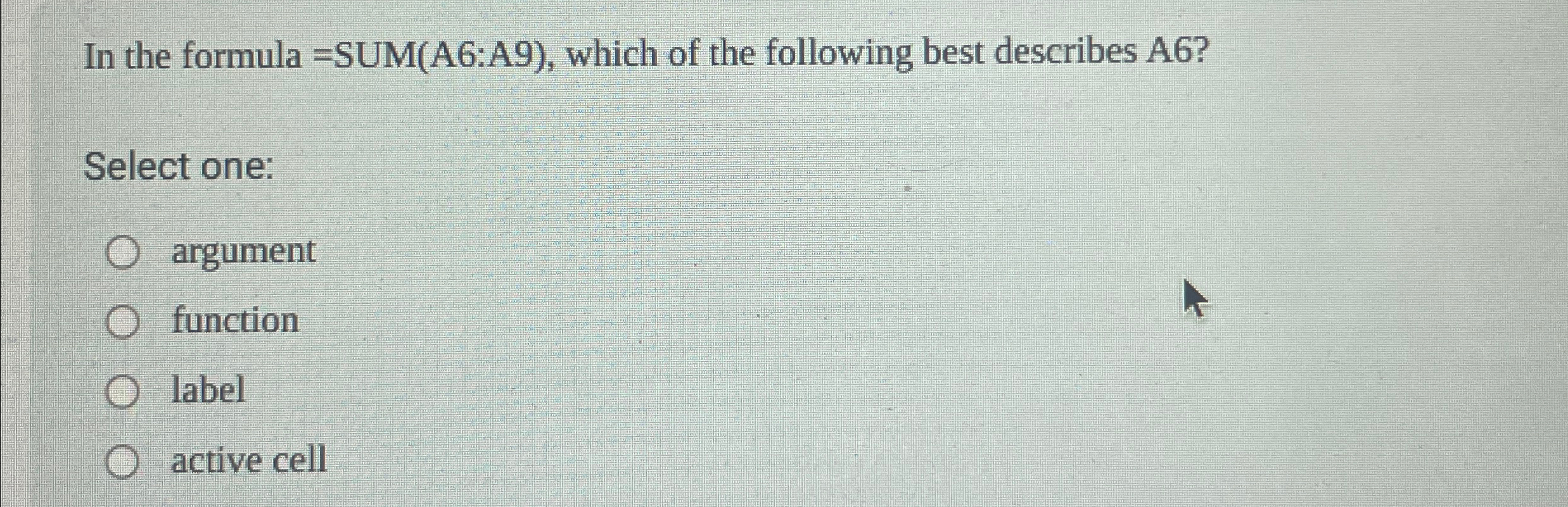 In the formula = SUM ( A 6 :A 9 ) , which of the