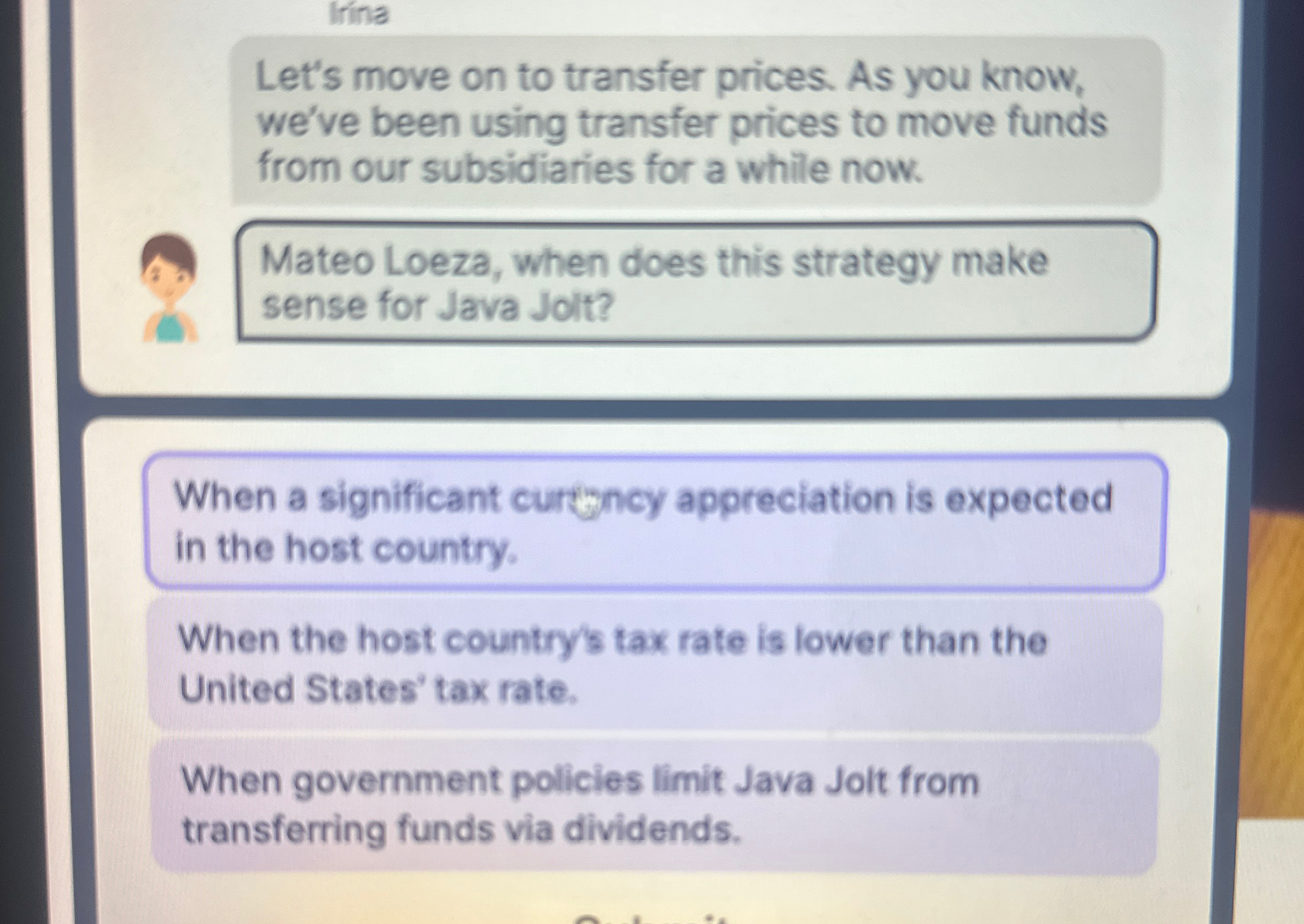 Irina Let's move on to transfer prices. As you