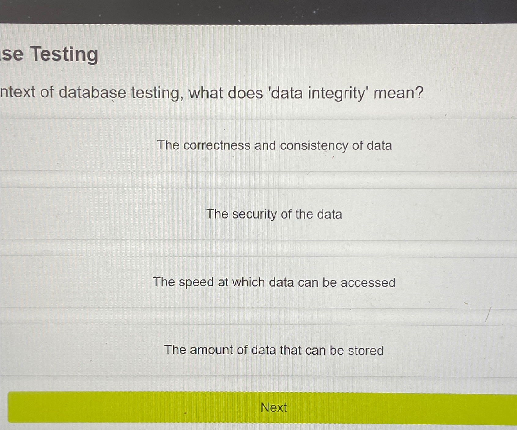 se Testing ntext of database testing, what does