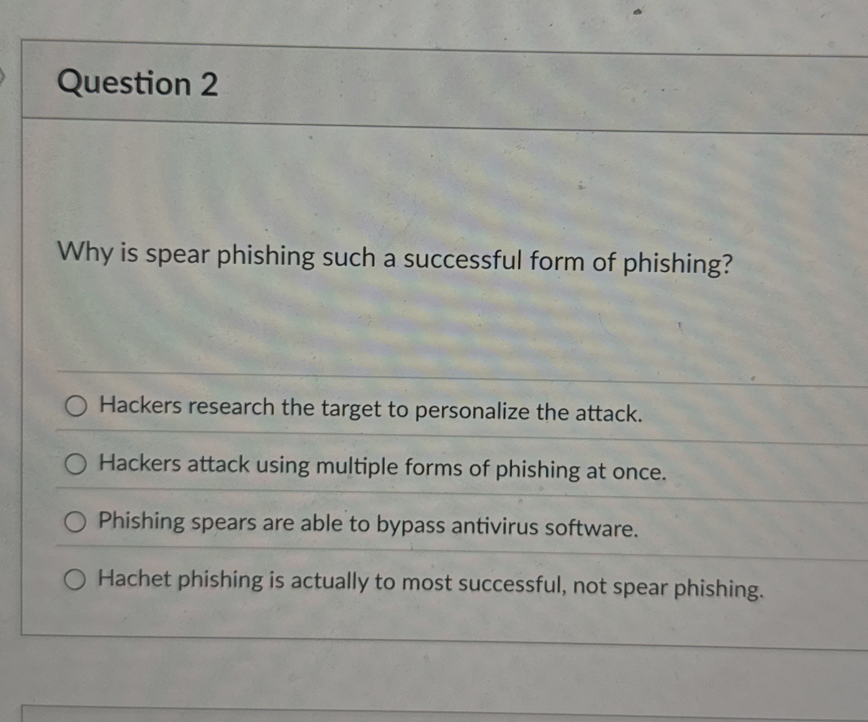 Question 2 Why is spear phishing such a