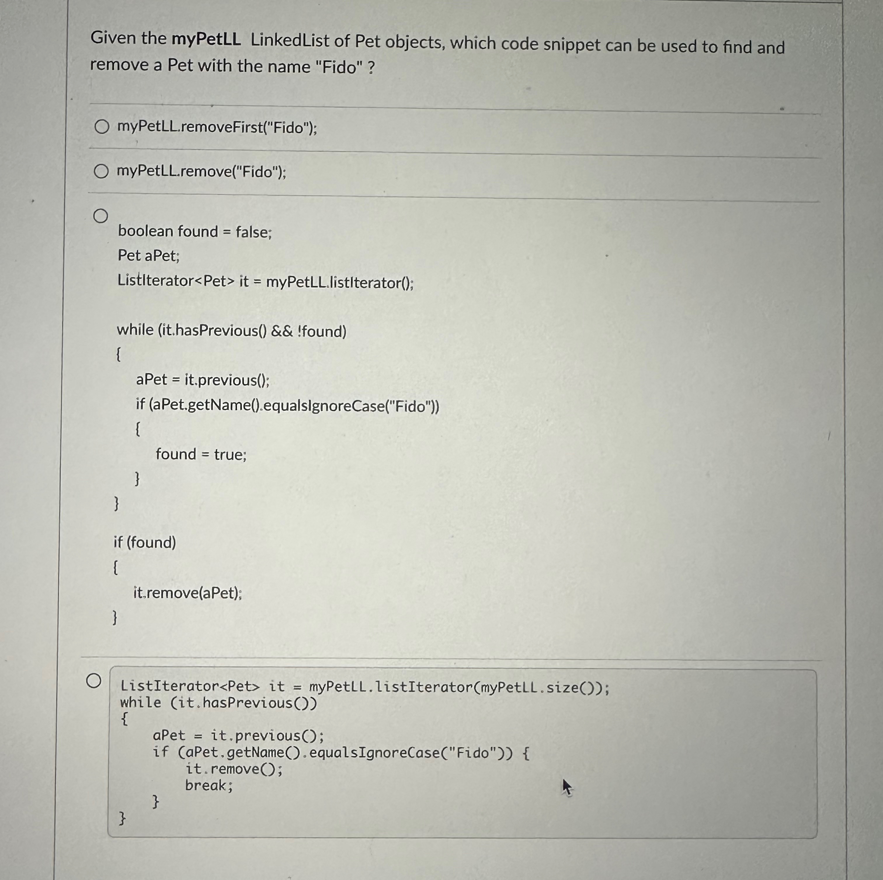 Given the myPetLL LinkedList of Pet objects,
