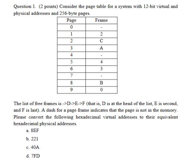 Question 1 . ( 2 points ) Consider the page table