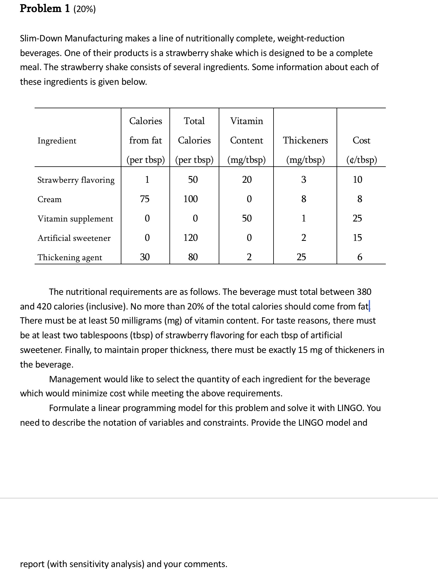 Problem 1 ( 2 0 % ) Slim - Down Manufacturing
