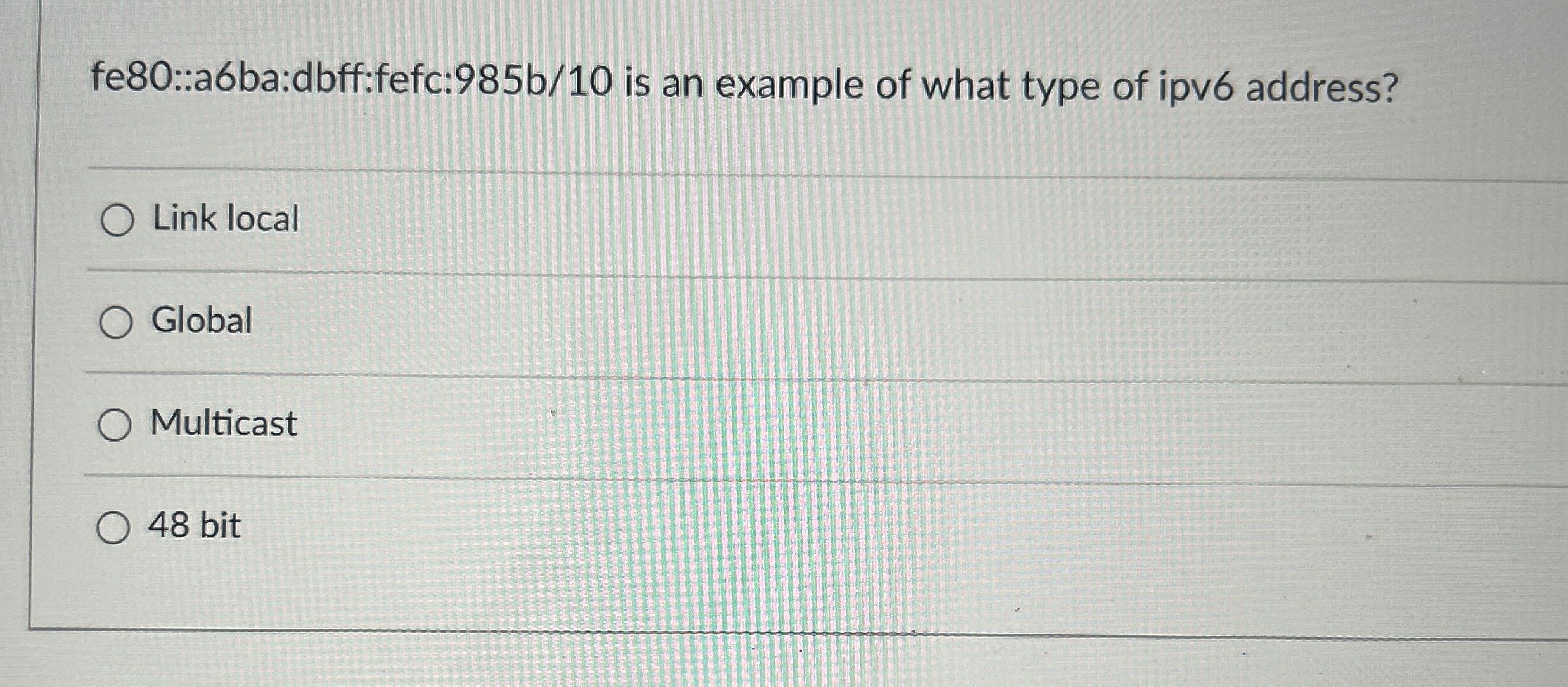 fe 8 0 ::a 6 ba:dbff:fefc: 9 8 5 b / 1 0 is an