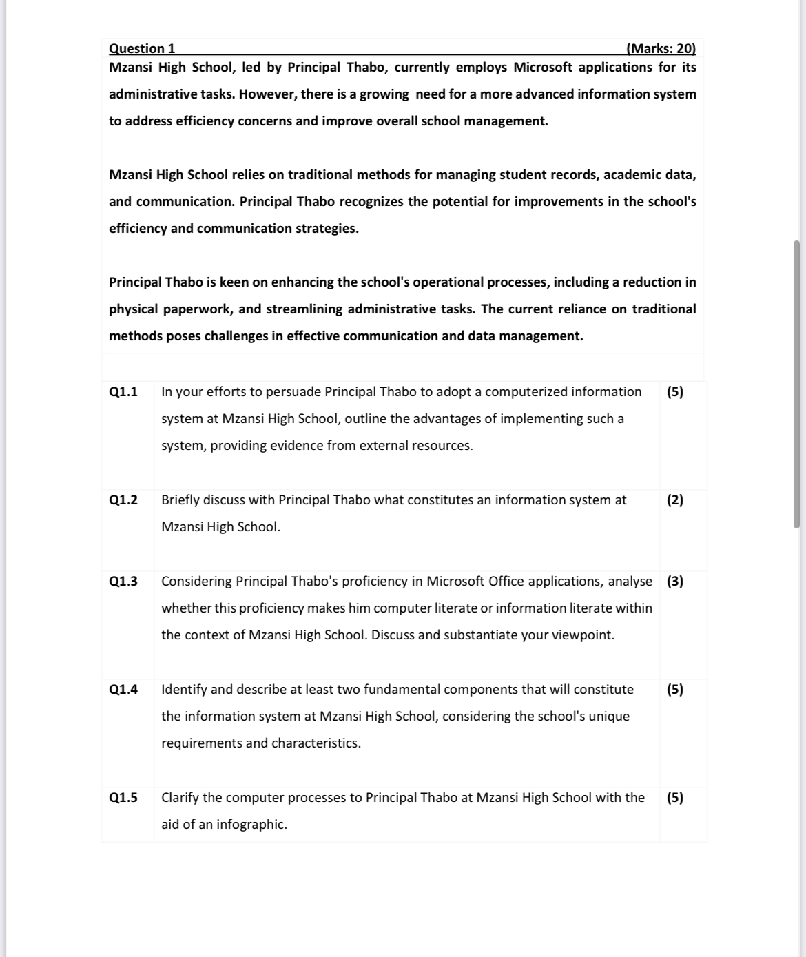! Question 1 ( Marks: 2 0 ) Mzansi High School,