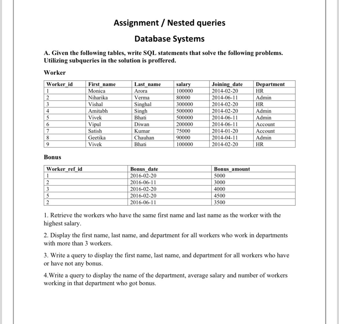 Assignment / Nested queries Database Systems A .