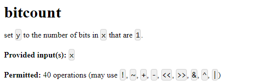 bitcount set y to the number of bits in x that