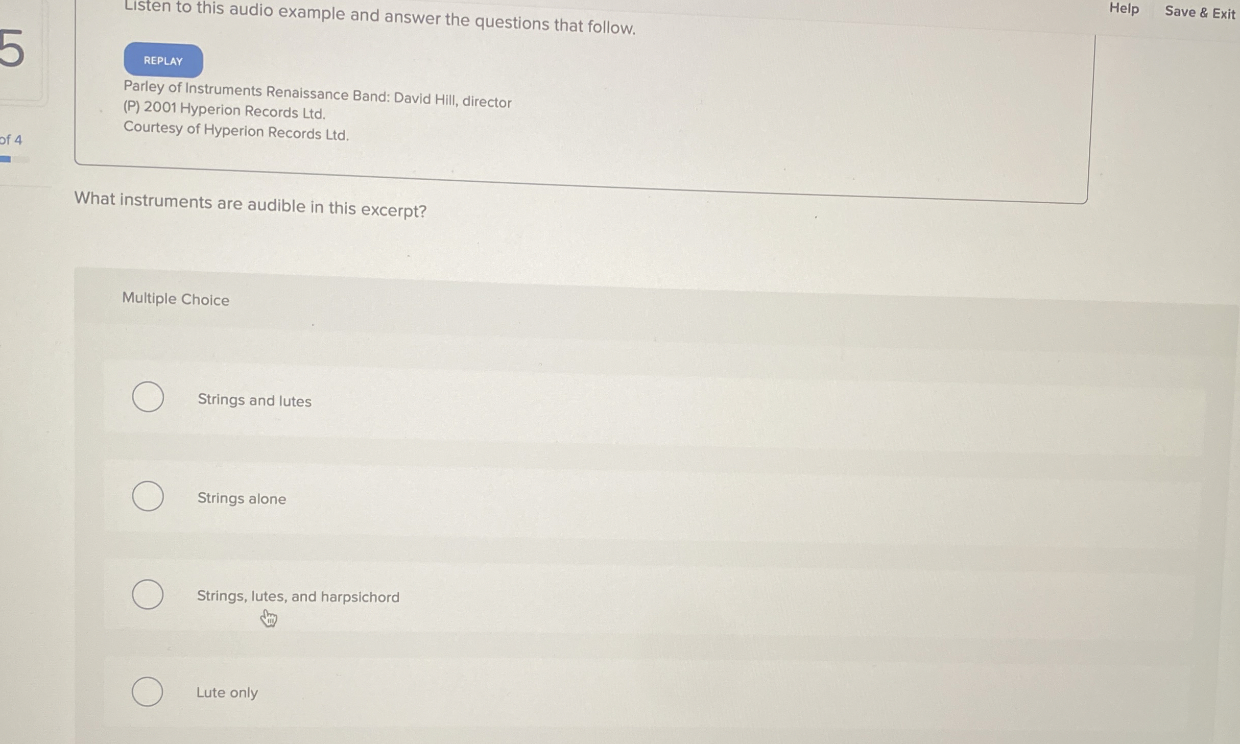 Help Save & Exit Listen to this audio example and