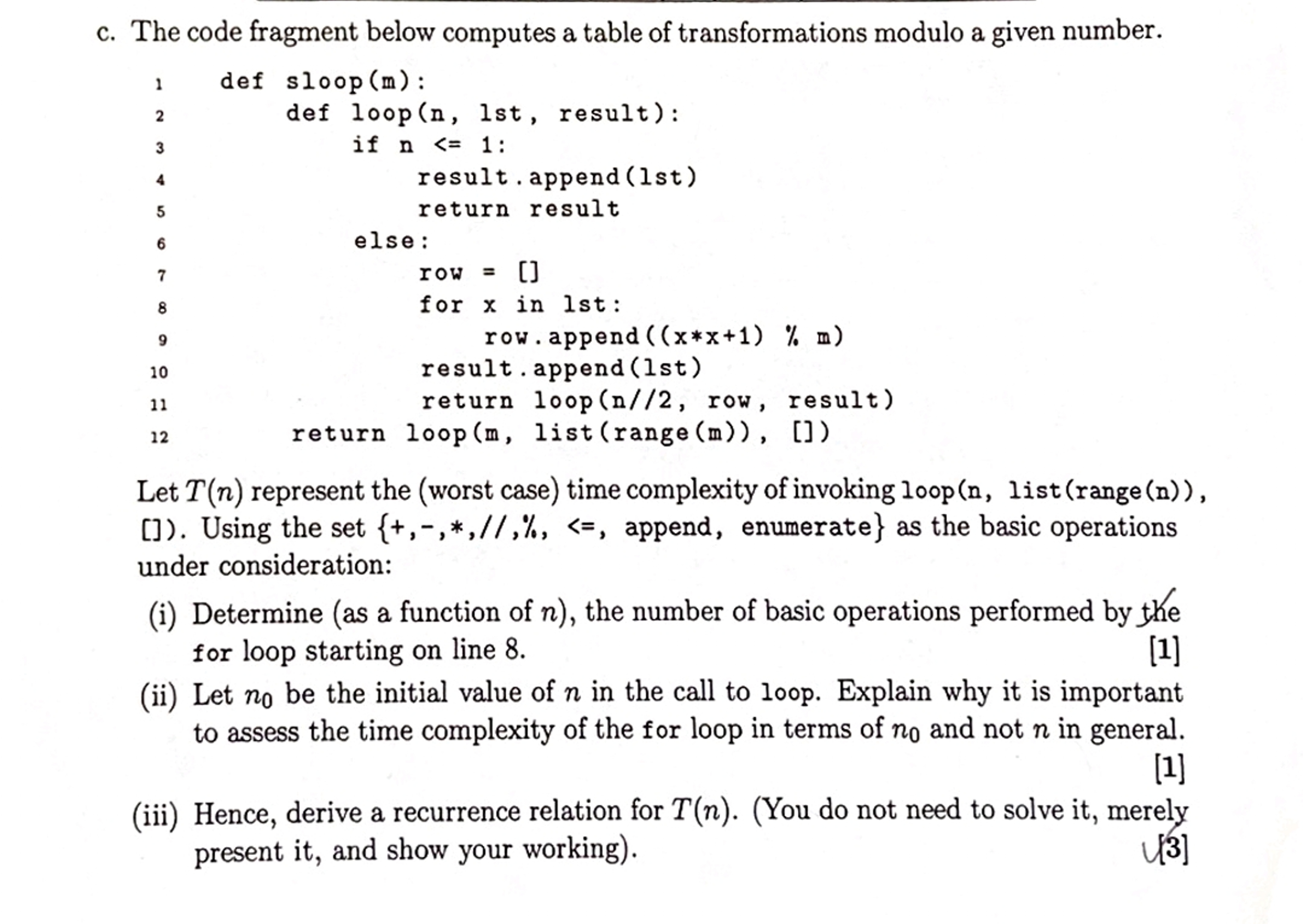 c . The code fragment below computes a table of