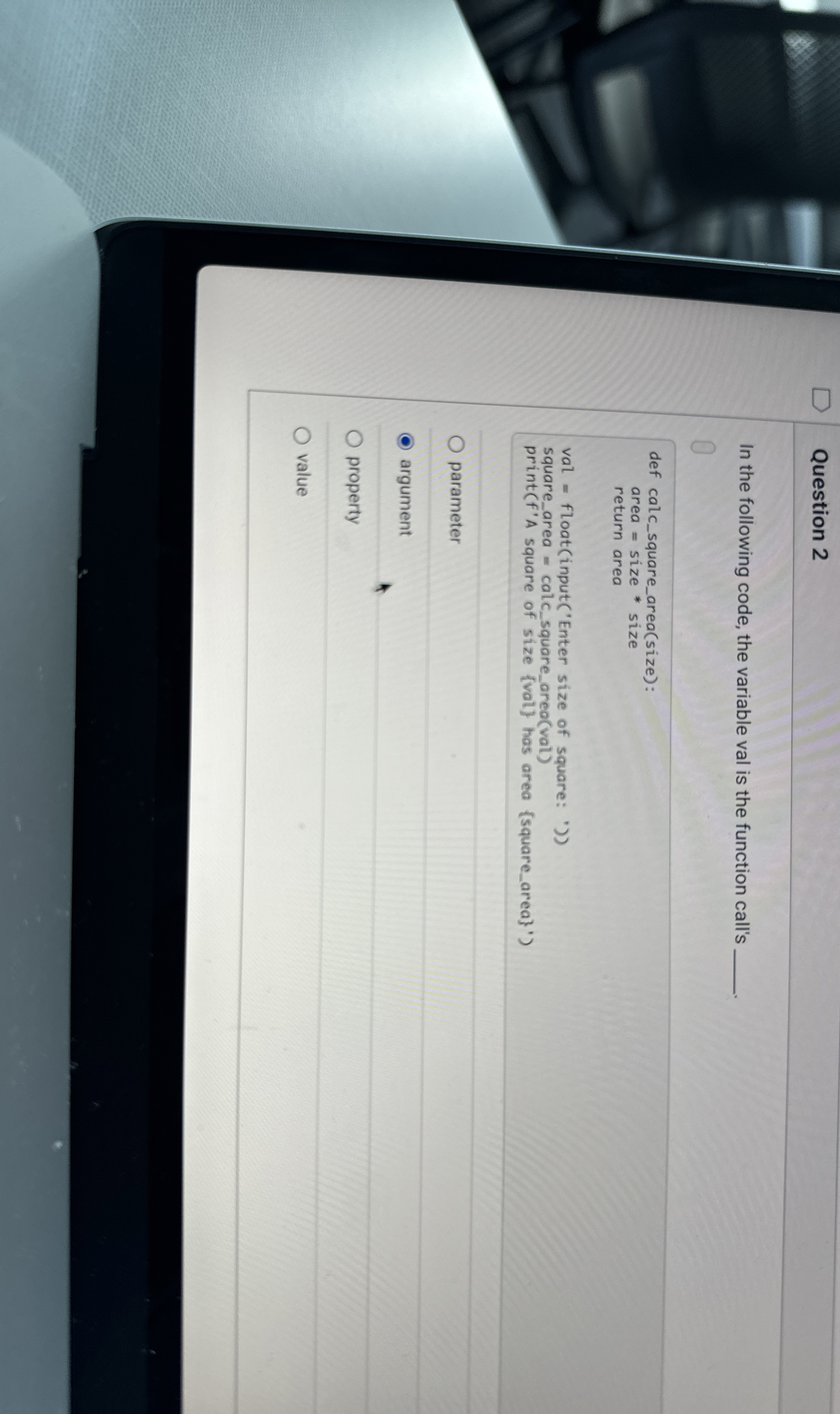 Question 2 In the following code, the variable