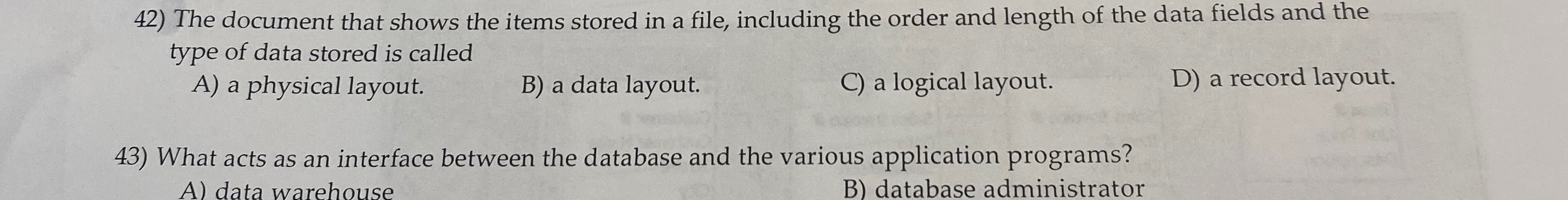 The document that shows the items stored in a