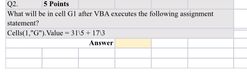 Q 2 . 5 Points What will be in cell G 1 after VBA