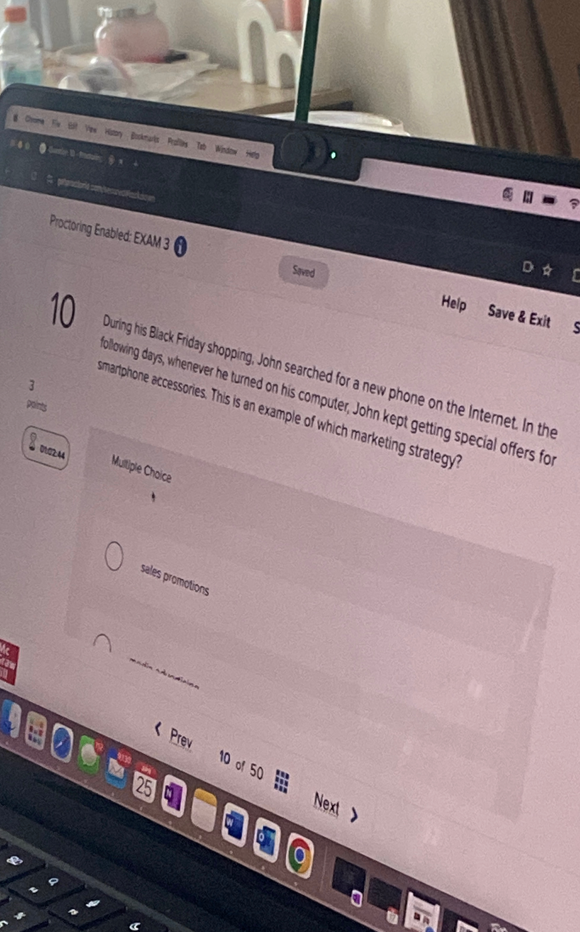 Procioring Enabled: EXAM 3 Sined Help Save & Exit