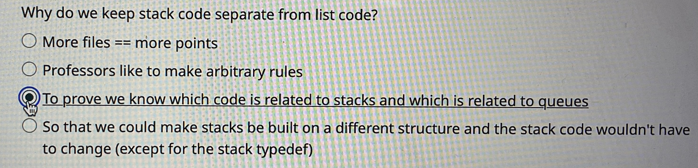 Why do we keep stack code separate from list