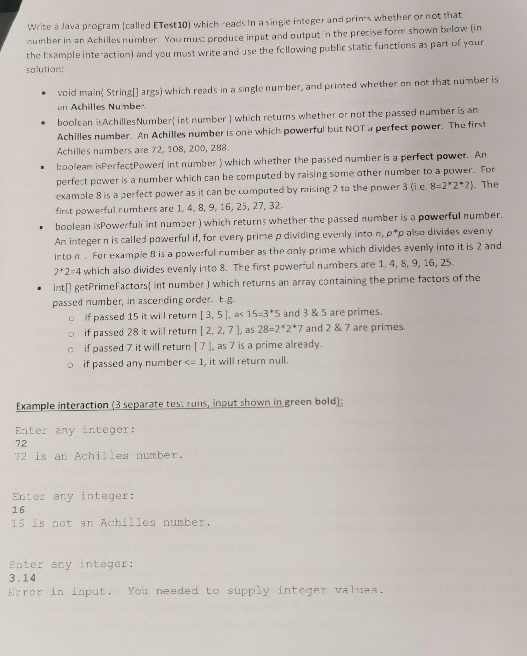 Write a Java program ( called ETest 1 0 ) which