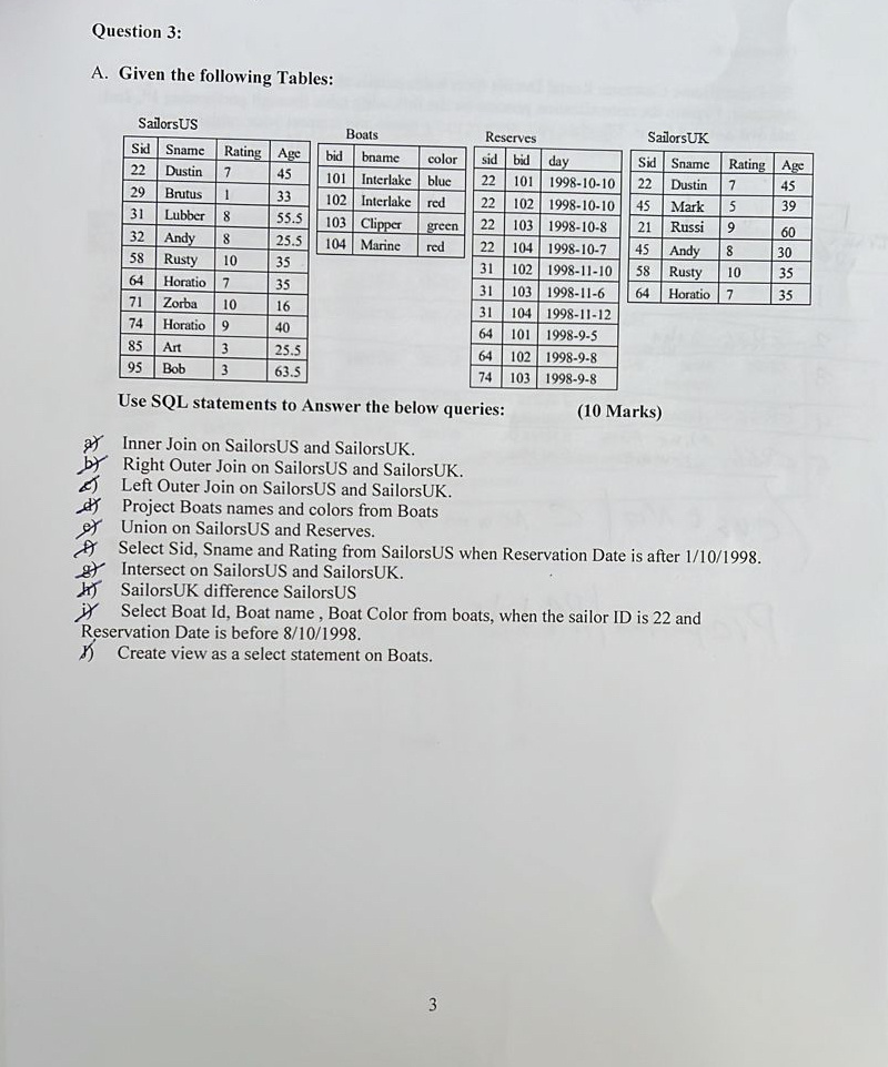 Question 3 : A . Given the following Tables: