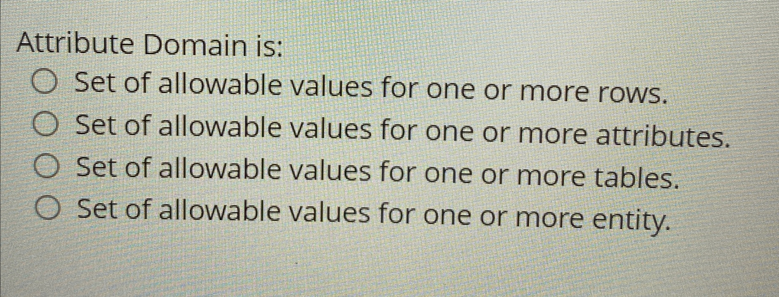 Attribute Domain is: Set of allowable values for