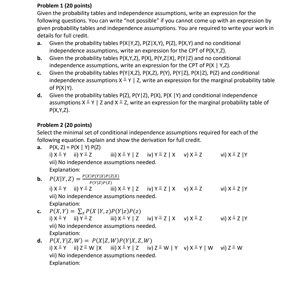 Problem 1 ( 2 0 points ) Given the probability